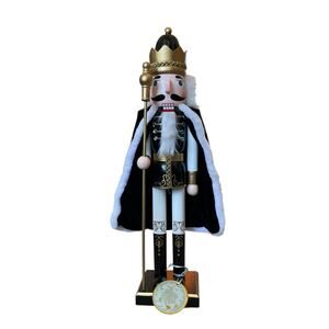 Large 22in KING NUTCRACKER w/ Cape Holiday Glam Black White Gold New